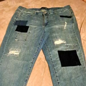 Velvet patchwork distressed skinny jeans